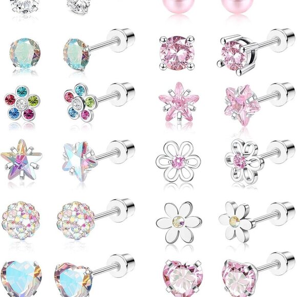 Jewelry - 16Pcs Hypoallergenic Stainless Steel CZ Pearl Heart Flower Stud Earrings Gift Se